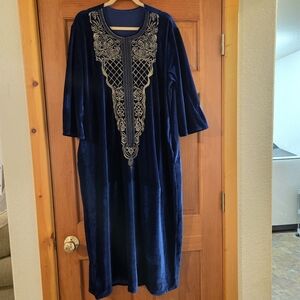 Elegant Blue and Gold Embroidered Women's Maxi Dress Renfair Moroccan